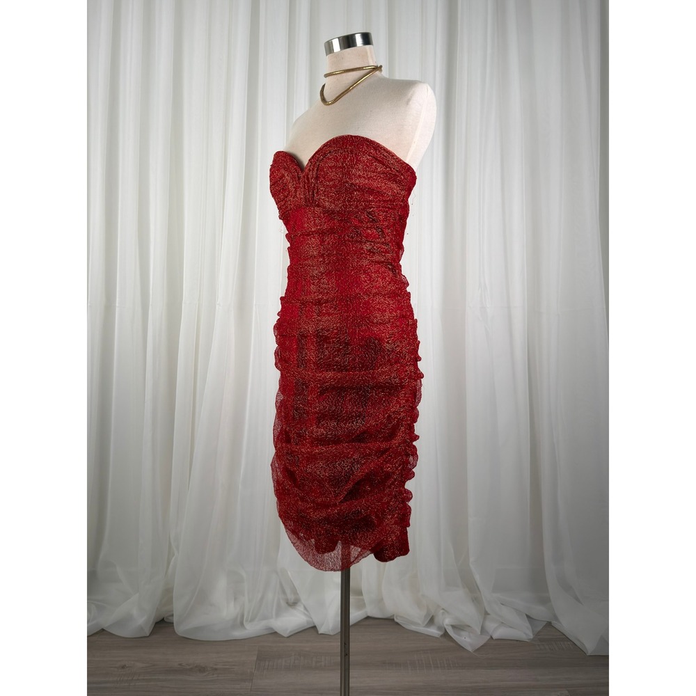 David Meister Metallic Ruched Strapless Cocktail Dress Women Red 8 - Picture 2 of 6